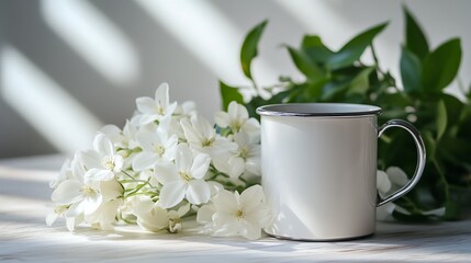 a white mug with a silver rim sitting next to a bunch of white flowers