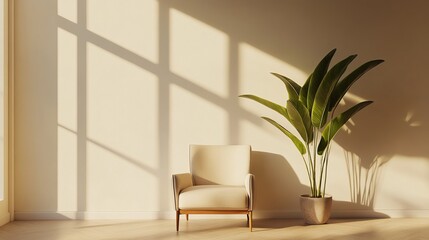 a chair and a plant in a room