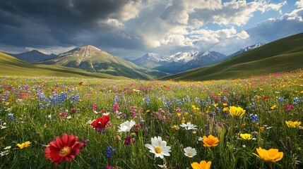 Obraz premium Colorful Meadow Flowers Under the Mountains