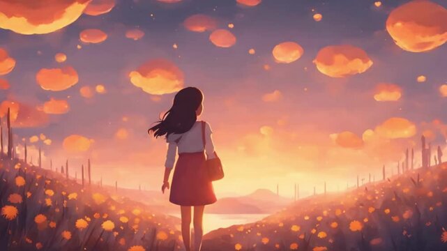 A girl's mood transforms from sadness to joy through a timelapse animation, accompanied by uplifting music