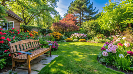 A tranquil garden scene with blooming flowers