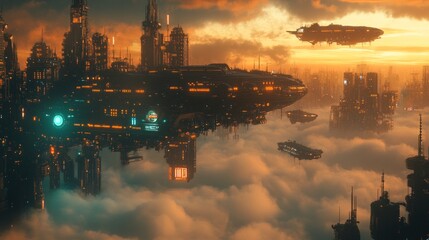 Fototapeta premium Floating city among clouds, steampunk airships, neon lights, mechanical birds, cyberpunk aesthetic