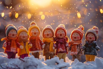 Fototapeta premium This heartwarming scene features a cheerful children’s choir in cozy winter clothing, performing Christmas songs outdoors in a picturesque snowy landscape, surrounded by twinkling lights 