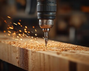 Power drill in action, drilling into a wooden surface
