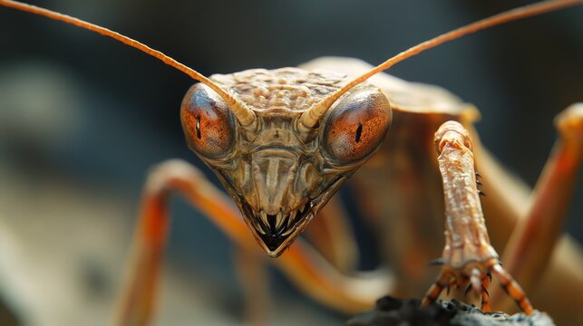 A detailed close-up of the angular face and spiny front legs of the mantis