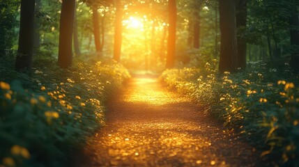 Obraz premium serene forest path bathed in soft filtered sunlight gentle bokeh effect highlights the spiritual atmosphere of a solitary nature walk