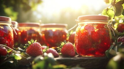 Freshly made strawberry jam jars glowing in the sun for the International Jam Festival