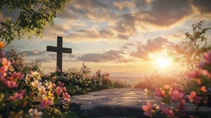Easter sunrise service with an outdoor cross and spring flowers