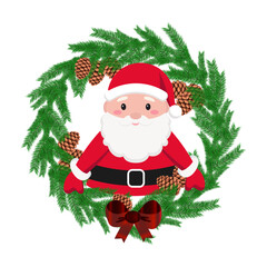 Hand drawn Cute Santa Claus Christmas wreath with cones around