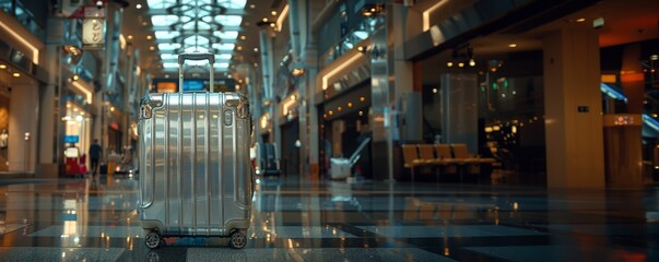 Fototapeta premium Metal suitcase in a modern airport terminal. Travel and transportation concept.
