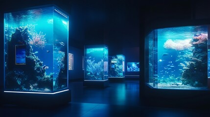 Futuristic aquarium with interactive digital displays