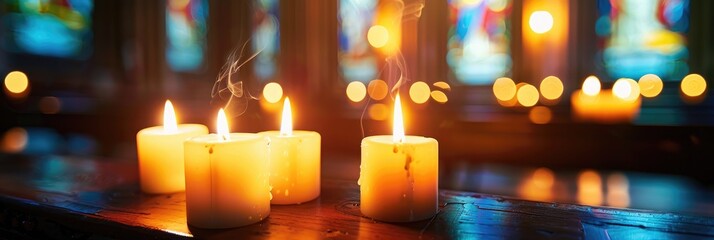 Close-up of flickering votive candles in a dimly lit church atmosphere