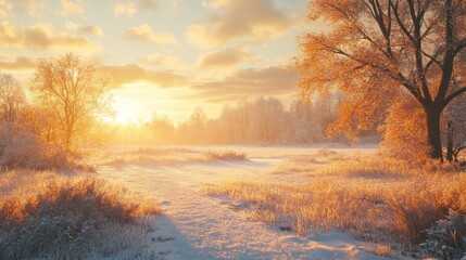 Fototapeta premium Golden autumn light on a snowy field