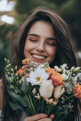 Naklejka premium A happy woman holding a bouquet of flowers 