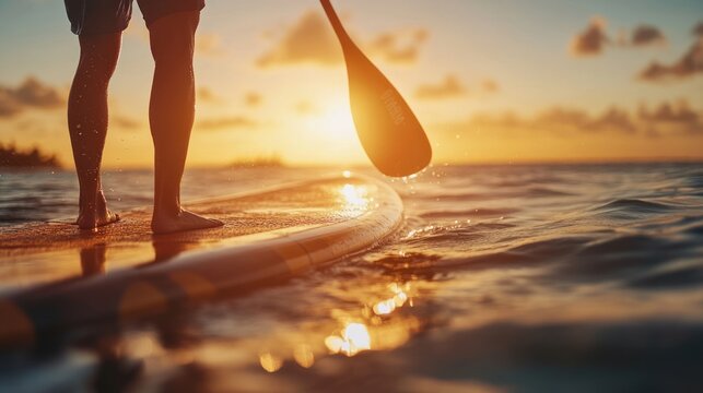 Stand up paddler at sunset, paddle board sport. A tourist practices water sports during his vacation