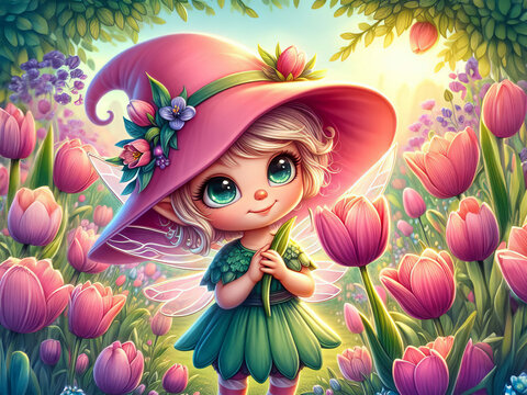 Cartoon pixie in tulip garden