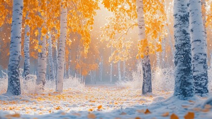 Frost-covered autumn forest with golden leaves