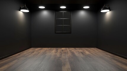 Dark room with beautiful chiaroscuro and wooden floor. Minimalist background for product presentation, mockup. Stock photo.