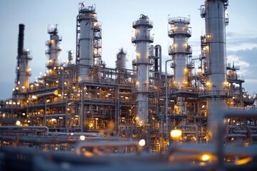 Industrial Complex with Tall Towers and Pipes at Dusk