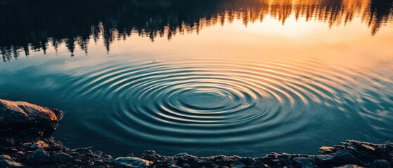 Ripples in Calm Water at Sunset with Silhouetted Trees Reflected