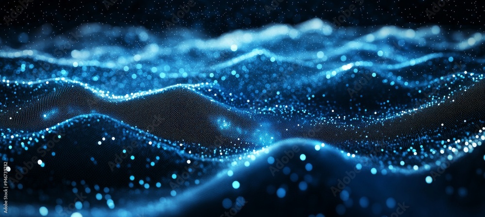 Poster moving dots in a futuristic wave. an abstract technology background. a visualization of big data in 