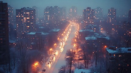 Fototapeta premium snowy cityscape at twilight twinkling lights reflecting on icy streets warm glow from windows snowflakes gently falling misty atmosphere cozy winter ambiance