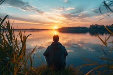 A man sits on the shore of a lake, watching the sun set, generative ai image