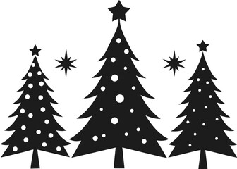 Obraz premium Christmas tree icons, silhouettes in black color. Vintage vector icons isolated on white background. Silhouettes of Christmas trees with a stars at the top. Big set for decoration.