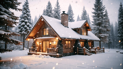 Naklejka premium a ultra realistic detailed cozy cabin in the snowy forest