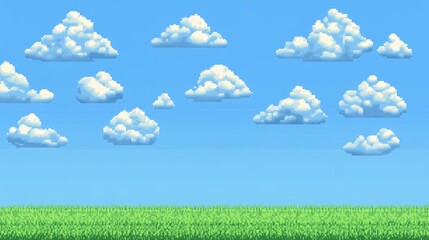 A blue sky with clouds and a green field below provide space for characters and text in this pixel art game background