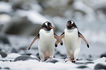 Obraz premium Two Gentoo penguins walking together on snowy rocky beach
