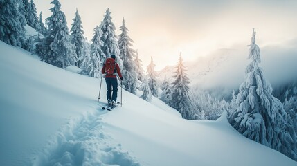 A skier navigating a snowy landscape during sunset in a serene mountain setting