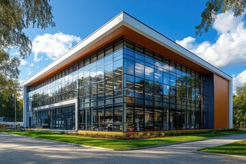 Obraz premium Modern Glass and Wood Facade Office Building with Green Landscaping