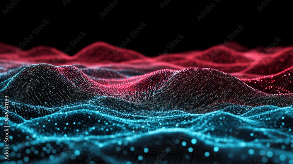 Poster An abstract digital background with cybernetic particles. Plexus geometric effect. Big data with compounds. A musical wave of particles. Low poly mesh. Flow. Wave. 3D rendering.