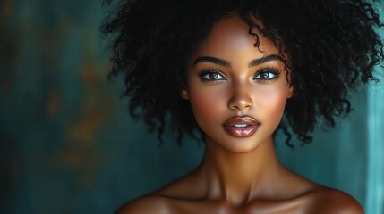 Fototapeta premium striking portrait of african american woman with luminous skin and natural hair dramatic lighting accentuates facial features confident gaze and regal posture embody beauty and strength