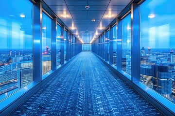 Obraz premium Modern Office Hallway with Cityscape View