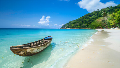 View of nice tropical beach with old boat