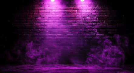 An empty corridor with brick walls and neon light. Brick walls, neon rays and glow. A searchlight illuminated in ultraviolet light an empty foggy street with wet asphalt.