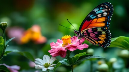 A vibrant butterfly is perched on a beautiful pink flower. The image captures the vivid colors of nature. Ideal for nature lovers and artistic projects. Stunning detail and brightness. AI
