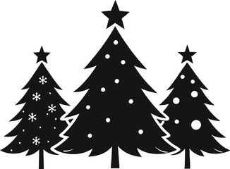 Obraz premium Christmas tree icons, silhouettes in black color. Vintage vector icons isolated on white background. Silhouettes of Christmas trees with a stars at the top. Big set for decoration.