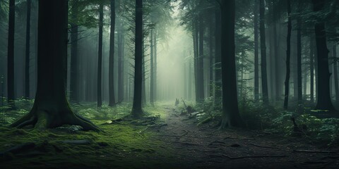 Obraz premium Misty fog forest path way with sun rays. Adventure explore travel scene view