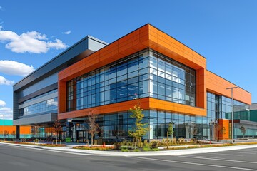 Obraz premium Modern Orange and Gray Commercial Building with Large Windows