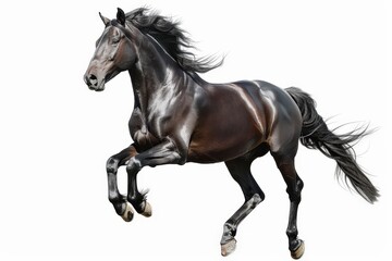 Fototapeta premium A majestic black horse leaping gracefully against a white background.