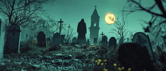 A hooded figure stands amidst a graveyard under a glowing moon