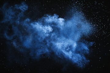 Dust particles explode in blue color on black background. Color powder splashed on black background.