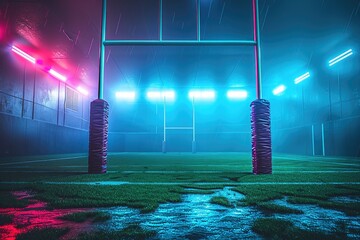 Neon-lit Rugby Goalposts on a Wet Field