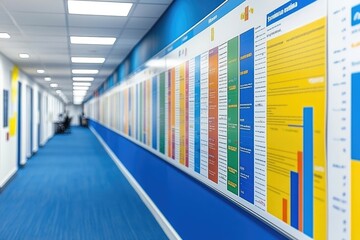 Obraz premium Office Hallway with Colorful Information Posters