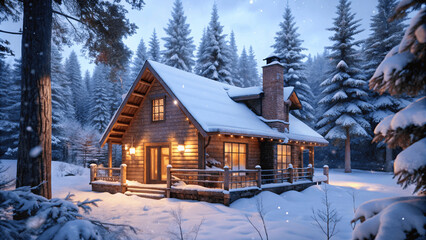 a ultra realistic detailed cozy cabin in the snowy forest