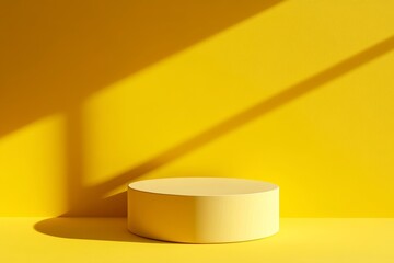 Three-dimensional rendering of a yellow product background stand or podium pedestal on an advertising display with blank backdrops.