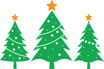 Christmas tree icons, silhouettes in black color. Vintage vector icons isolated on white background. Silhouettes of Christmas trees with a stars at the top. Big set for decoration.